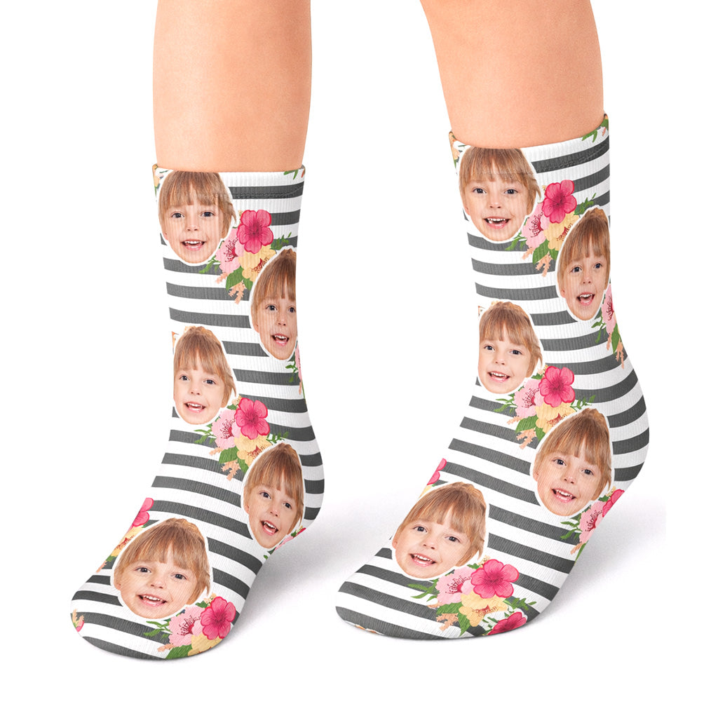 Striped Floral Face Kids Socks