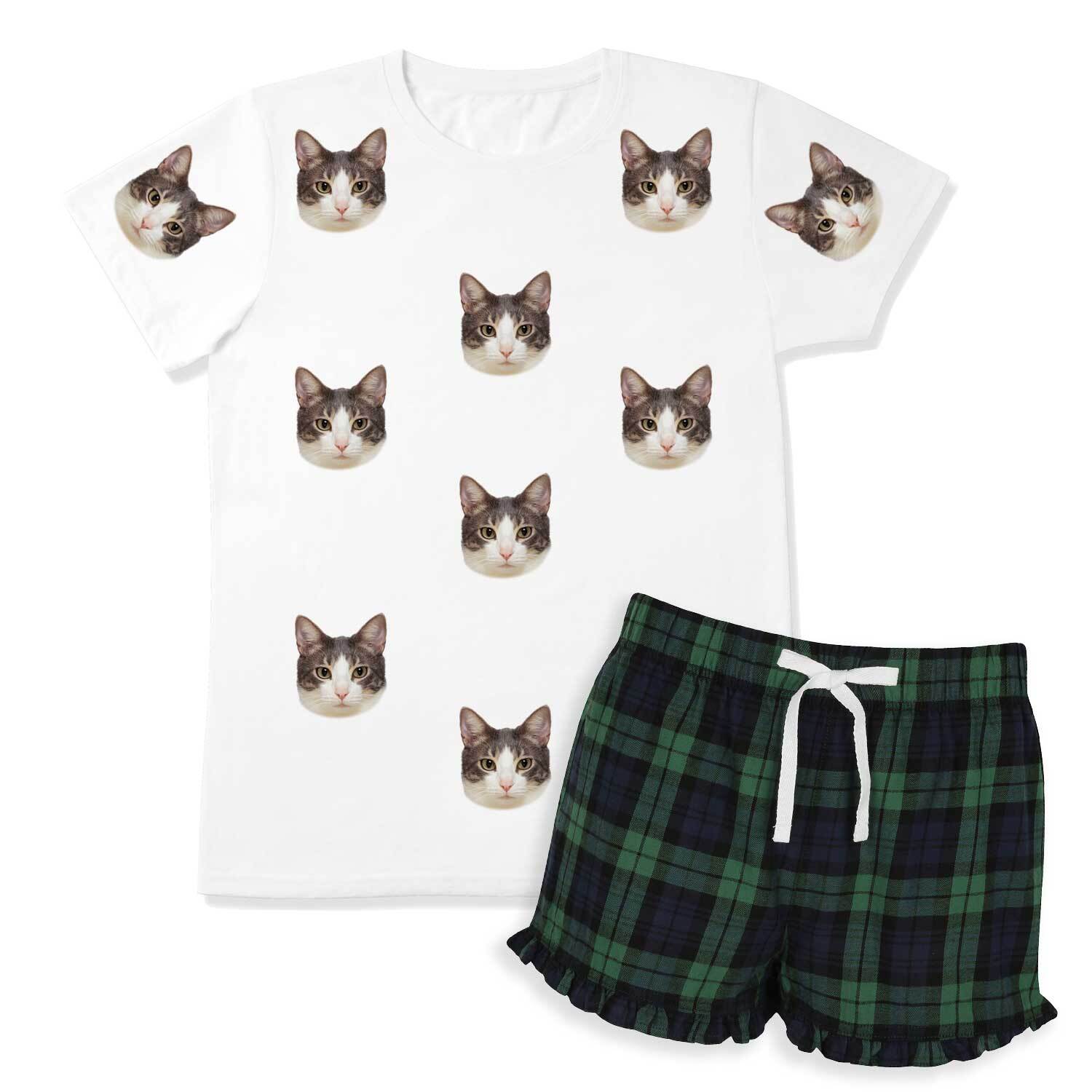 Women's Cat Pyjamas - Green Navy Tartan Shorts