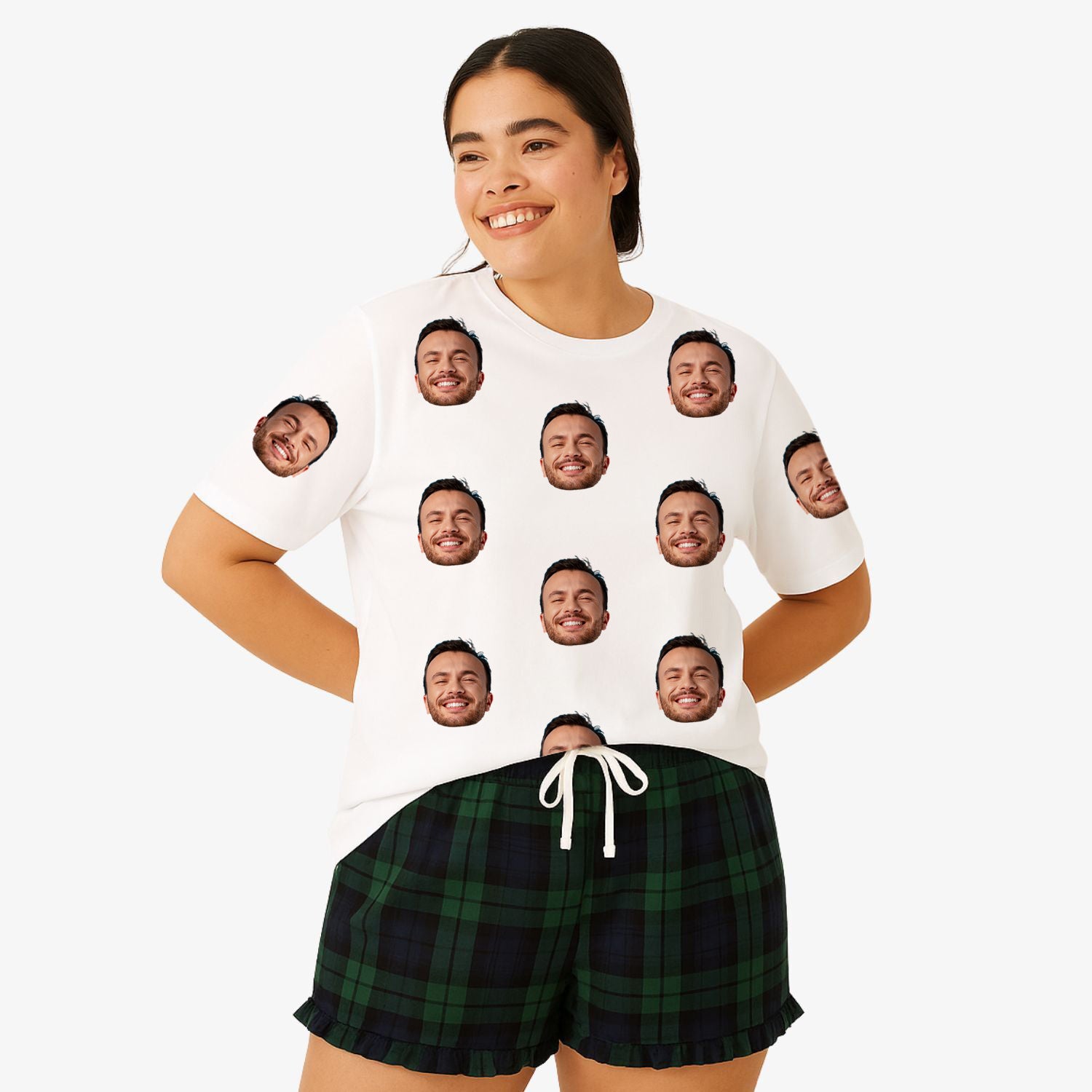 Women's Face Pyjamas personalised Green Navy Tartan Shorts