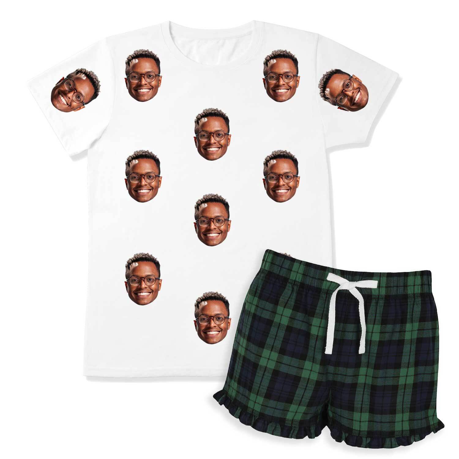 Women's Face Pyjamas - Green Navy Tartan Shorts