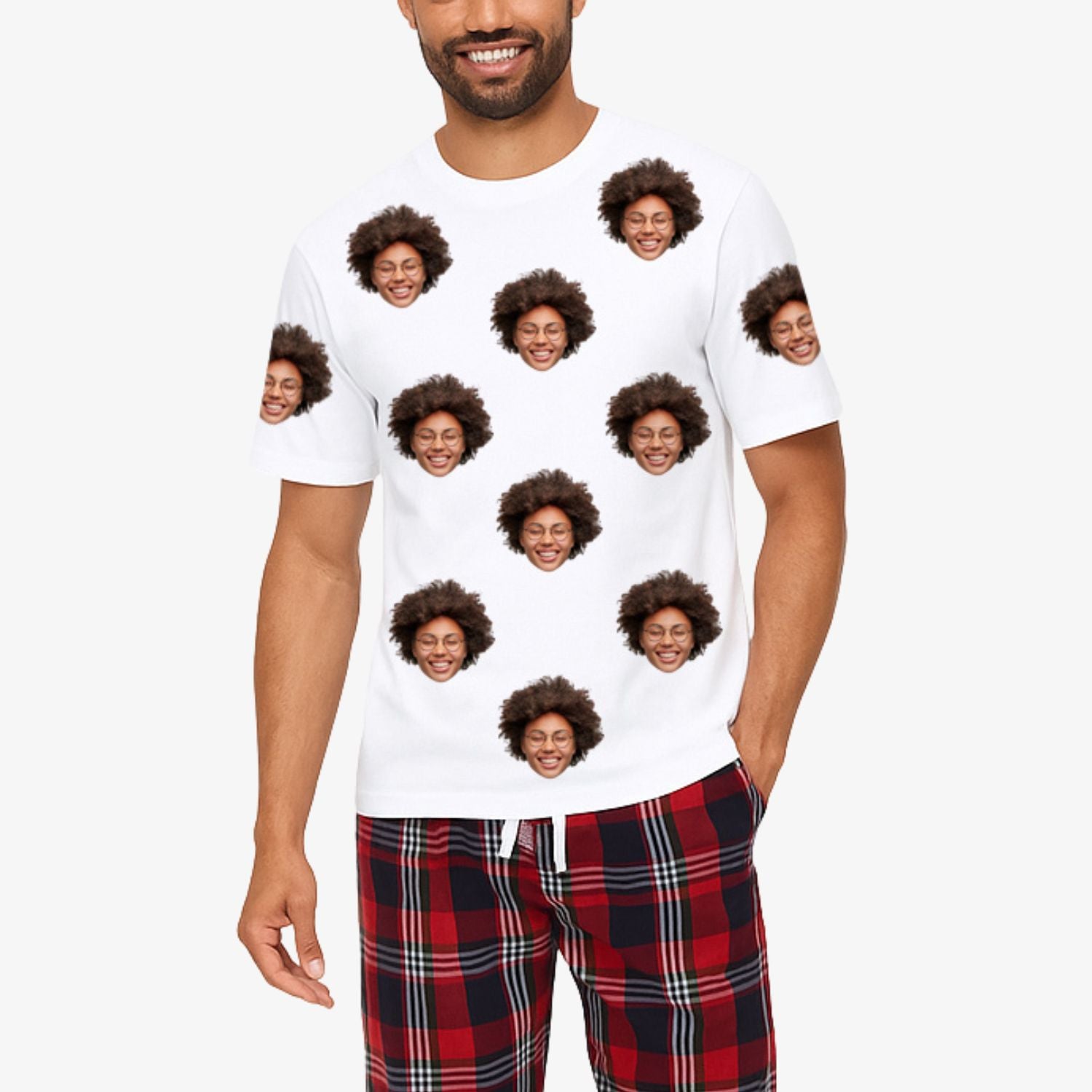 Men's Face personalised Pyjamas - Red Tartan Trouser Set