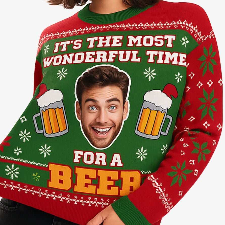 Most Wonderful Time For A Beer Face Personalised Christmas Jumper