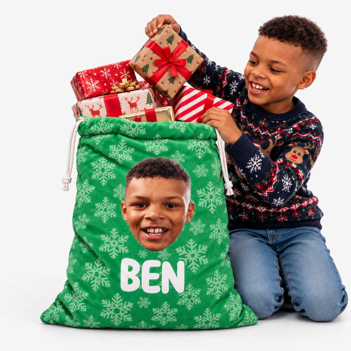 Snowflake Face & Name Christmas Sack