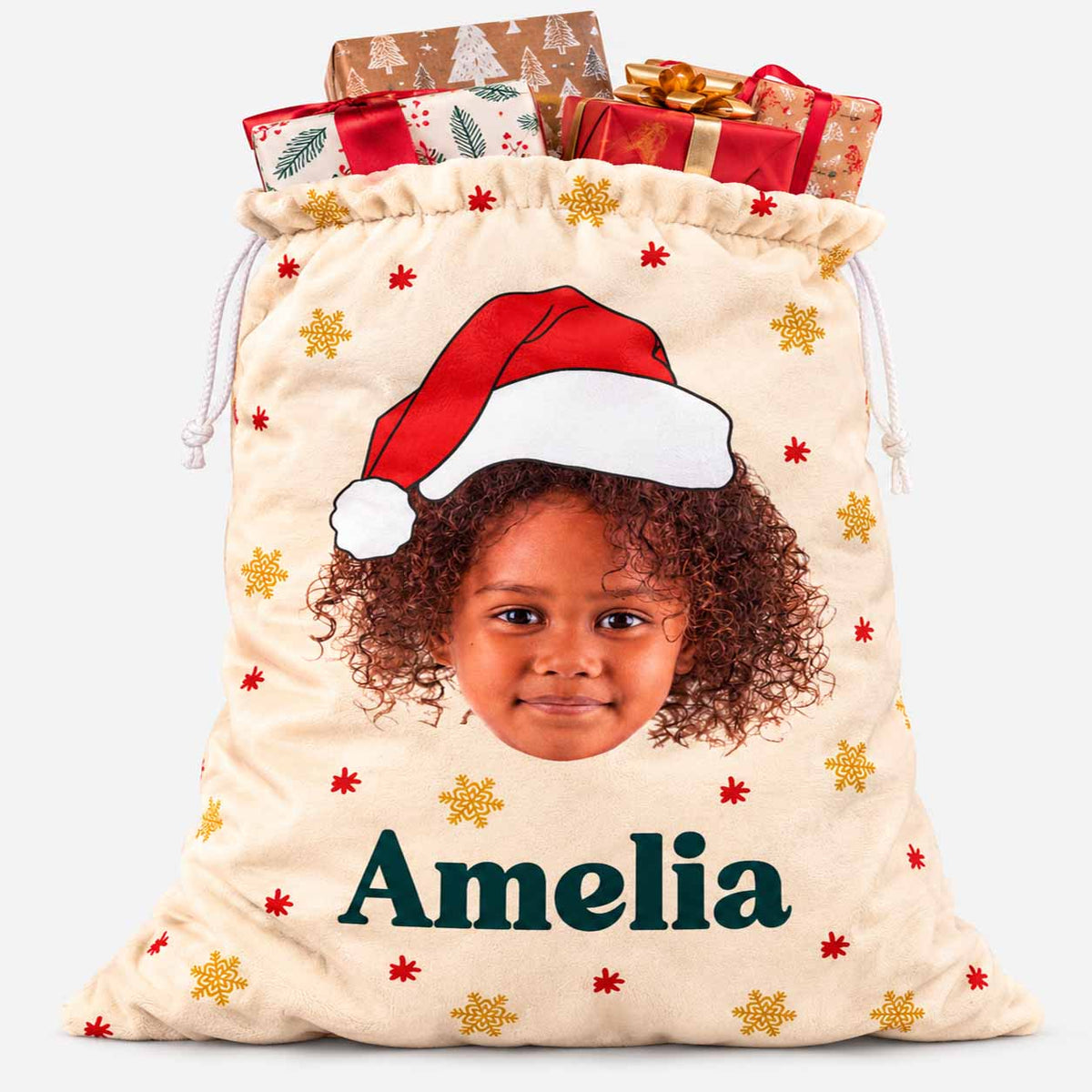Santa Hat Face & Name Christmas Sack