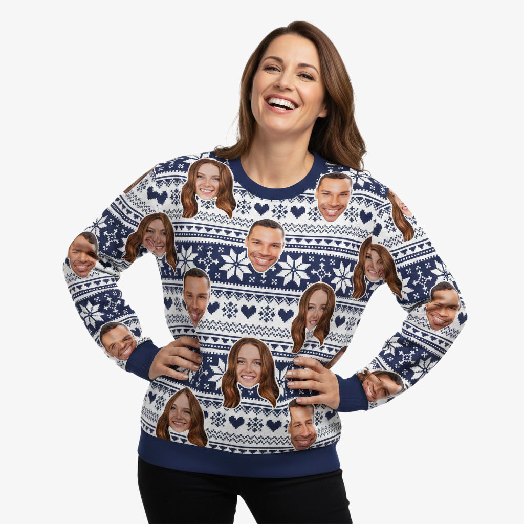 Your Face Navy Nordic Snowflakes & Hearts Personalised Christmas Jumper