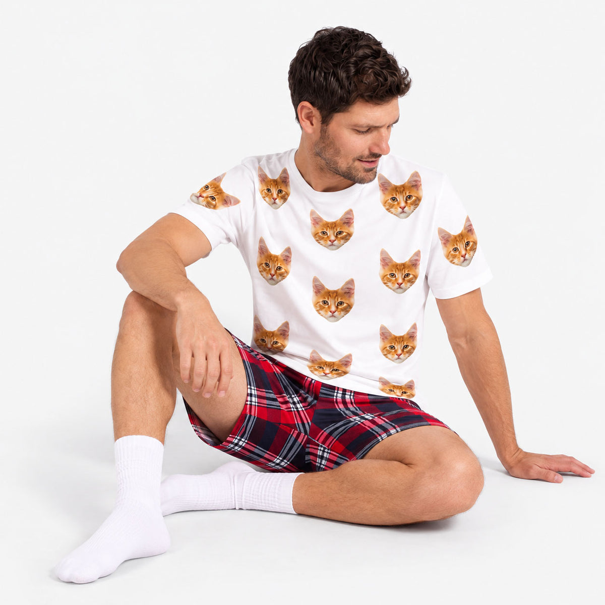 Men's Cat Pyjamas - Red Tartan Shorts Set