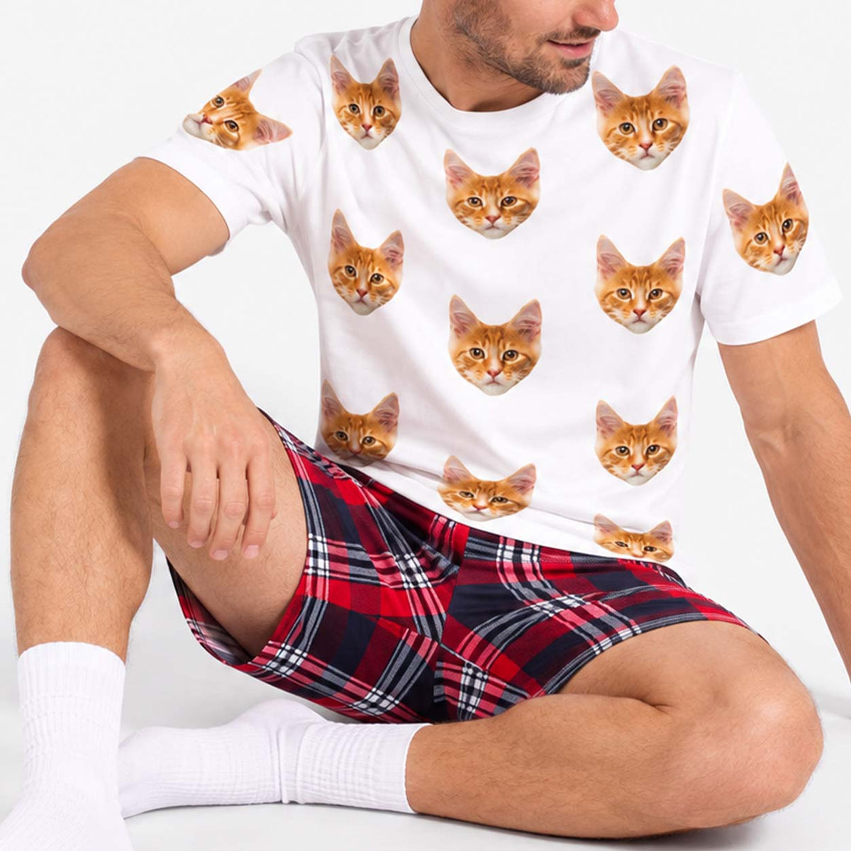 Men's Cat Pyjamas - Red Tartan Shorts Set