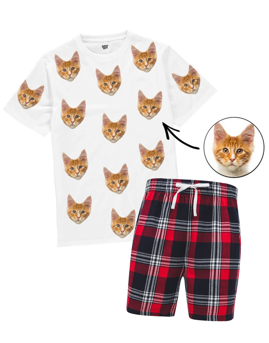 Men's Cat Pyjamas - Red Tartan Shorts