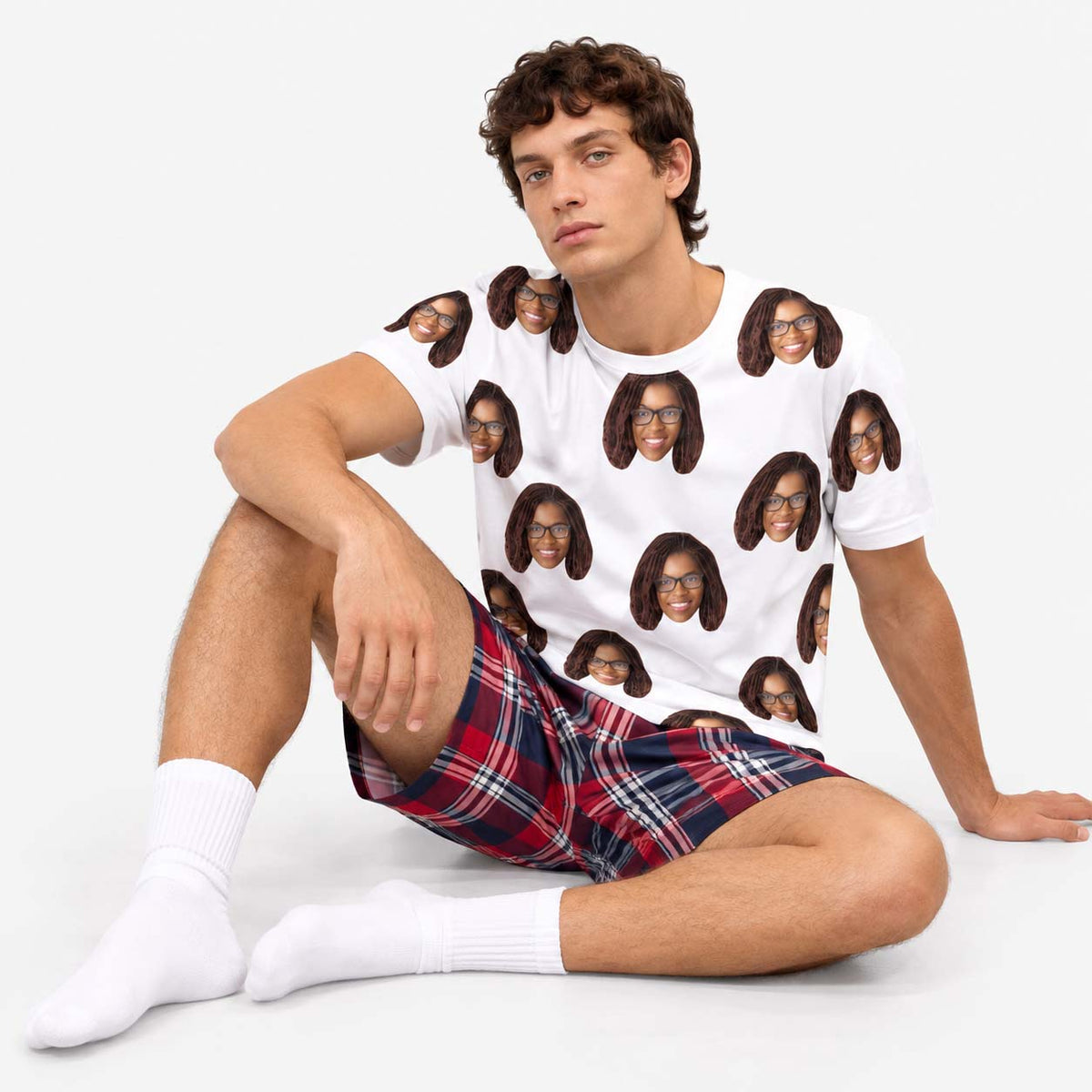 Personalised Men's Pyjamas - Red Tartan Face PJ Shorts Set