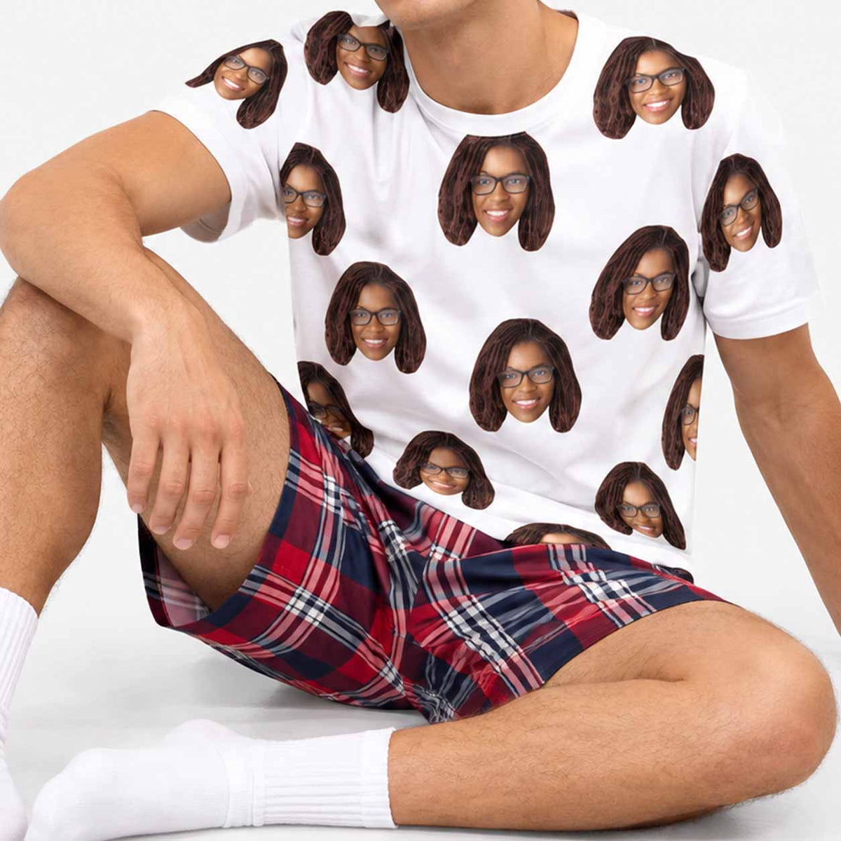 Personalised Men's Pyjamas - Red Tartan Face PJ Shorts Set