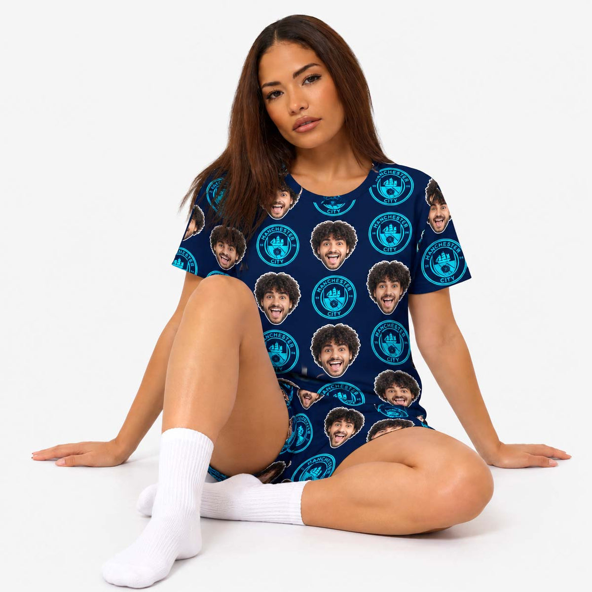 Navy Man City Women's Personalised PJs - Shorts Set