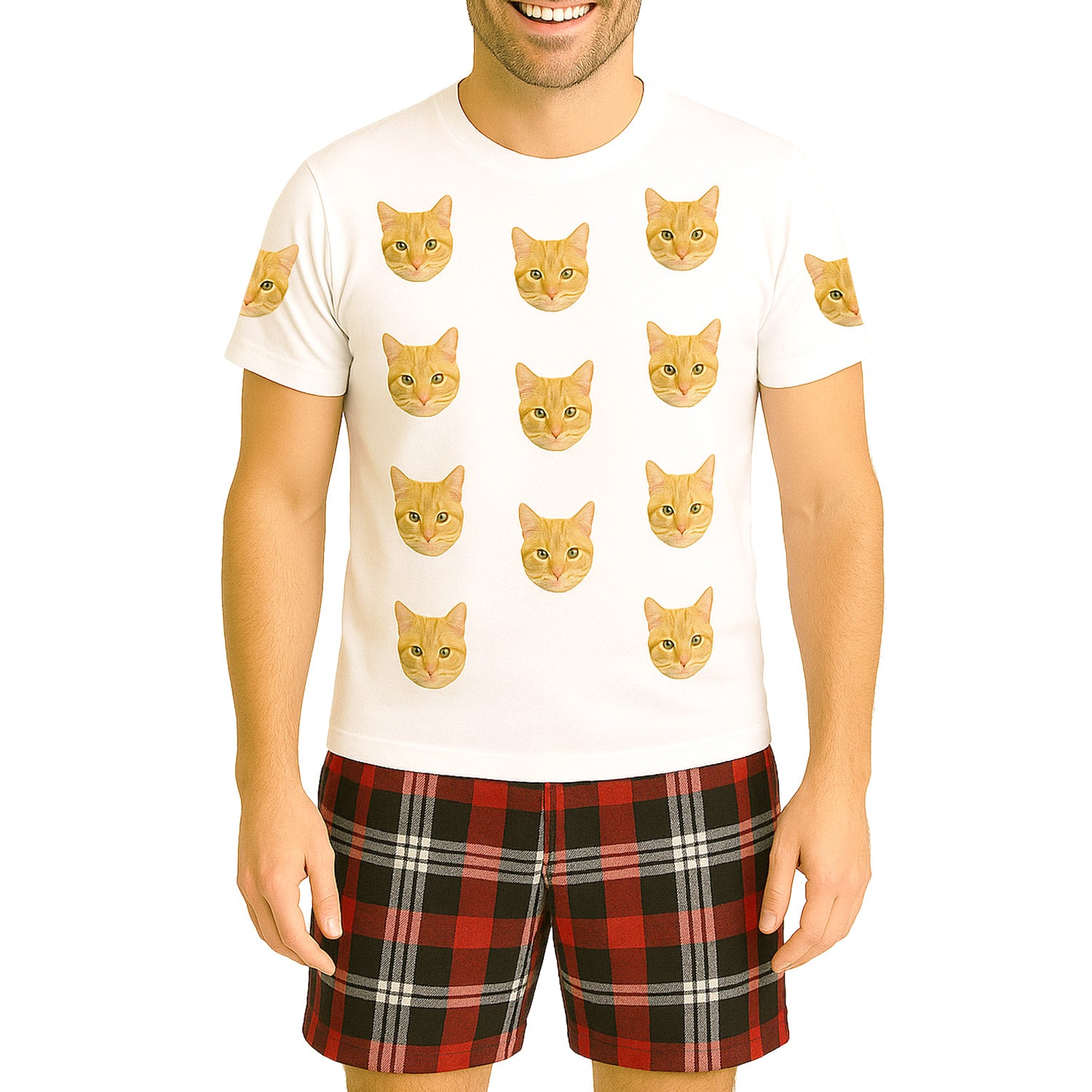 Men's Cat Pyjamas - Red Tartan Shorts