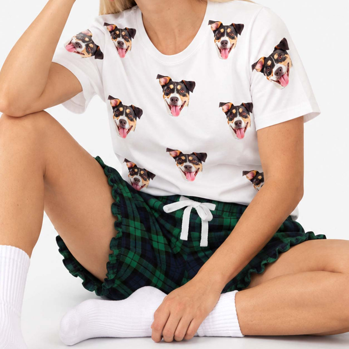 Women's Dog Pyjamas - Green Navy Tartan Shorts
