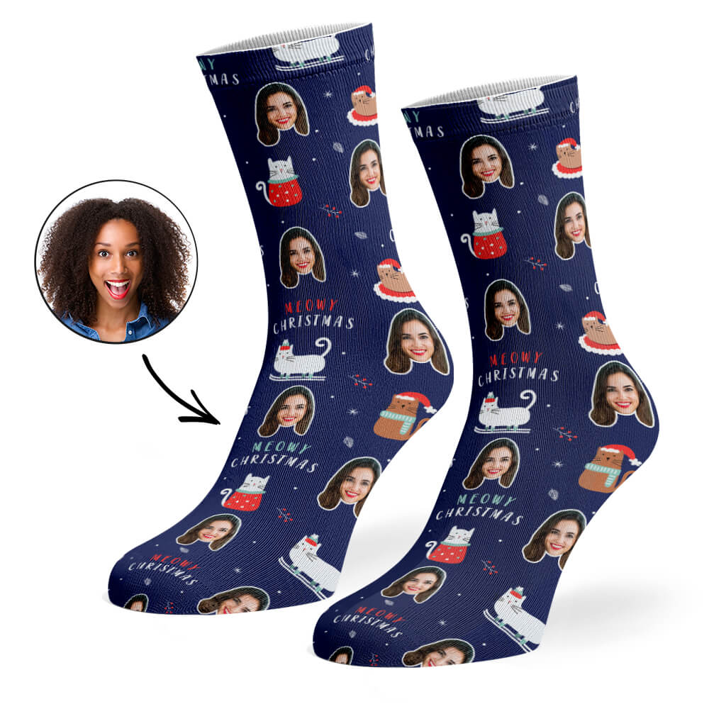 Your Face On Meowy Christmas Socks