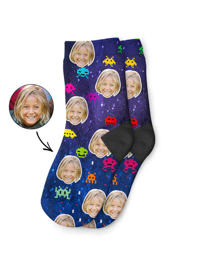 Space Invaders Face Kids Socks